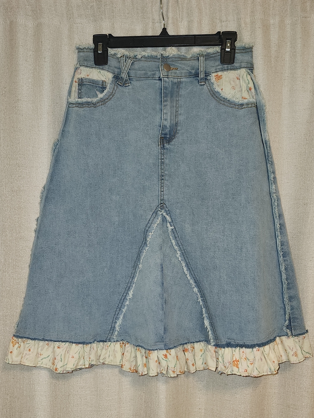 Light Blue Denim Midi Skirt with Floral Trim